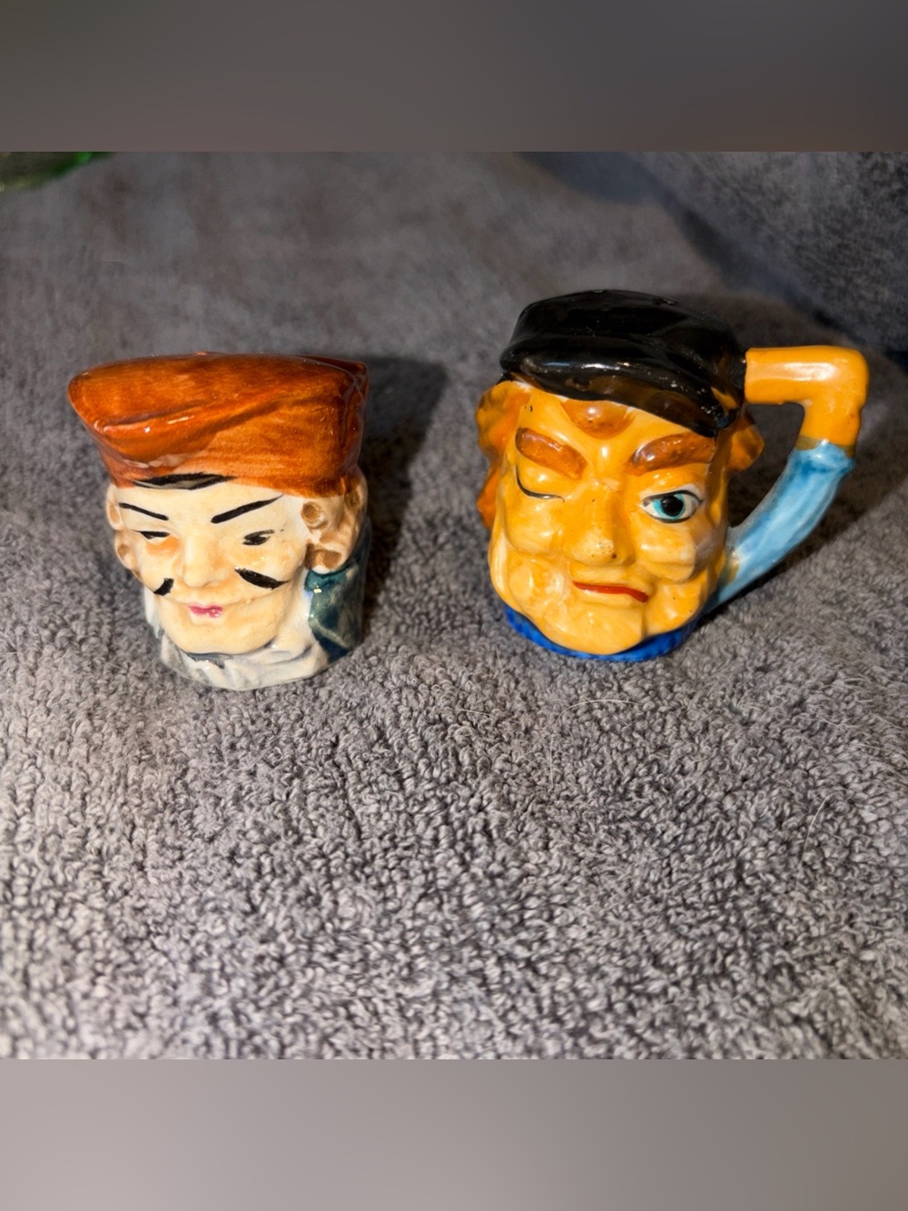 Vintage 50’s Toby Style Head Mug Salt & Pepper Shakers With Handles From Japan